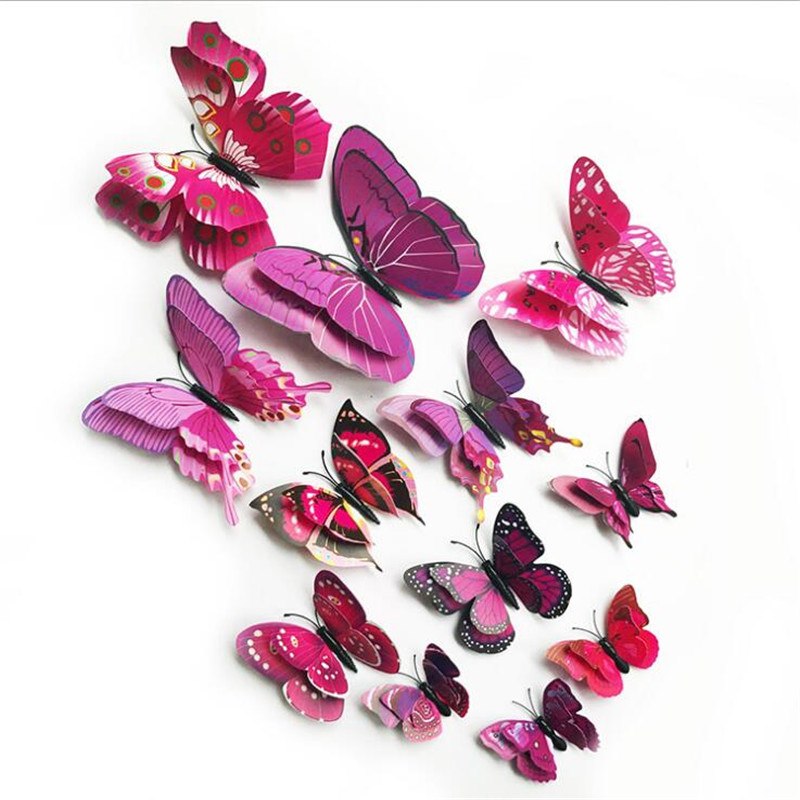 12ks tmavě růžových dvoukřídlých motýlů s 3D efektem